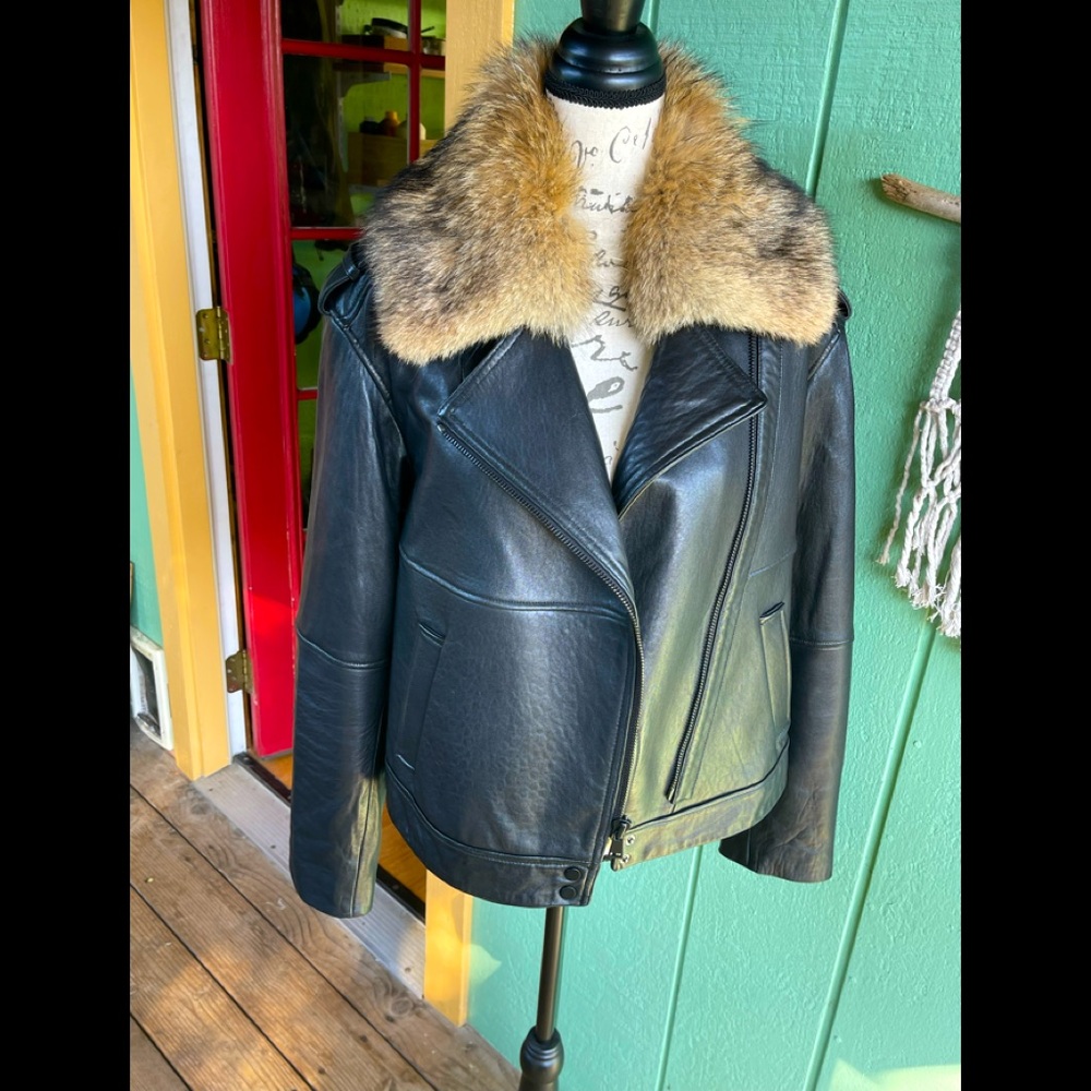 Vince Black Leather Jacket with Tan Fur Collar